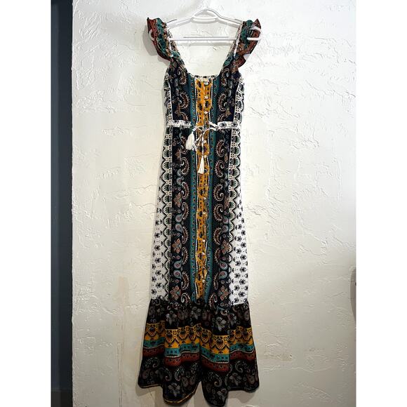 Lexi Morgan paisley floral patchwork ruffle button down maxi dress bohemian - Picture 1 of 7